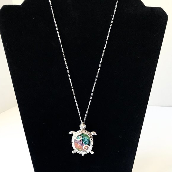 Silver Sea Turtle Brooch Pendant Necklace Pin Enamel Multicolor Rhodium Plated - Picture 5 of 10